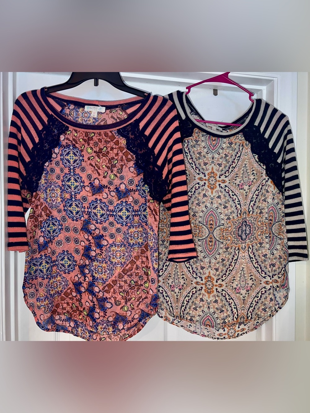 (2) love, Fire Striped Raglan Mixed-Print Long Sleeve Tops